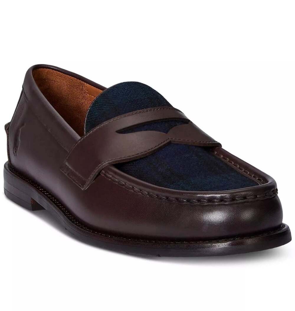 Polo Ralph Lauren Men's Alston Brown Leather & Plaid Penny Loafers NEW Size 12